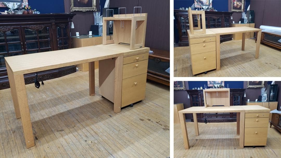 I48 美品 カリモク 無垢材使用 配置自由 学習机3点セット