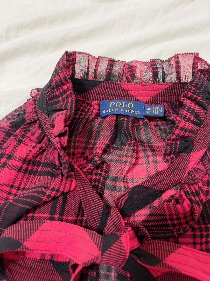 芸能人着用♡ラルフローレン シルクとろみリボンタイチェックブラウス