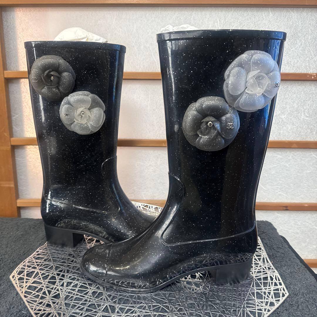 正規品】希少 ラメ CHANEL 長靴 ブラック カメリア シャネル 38