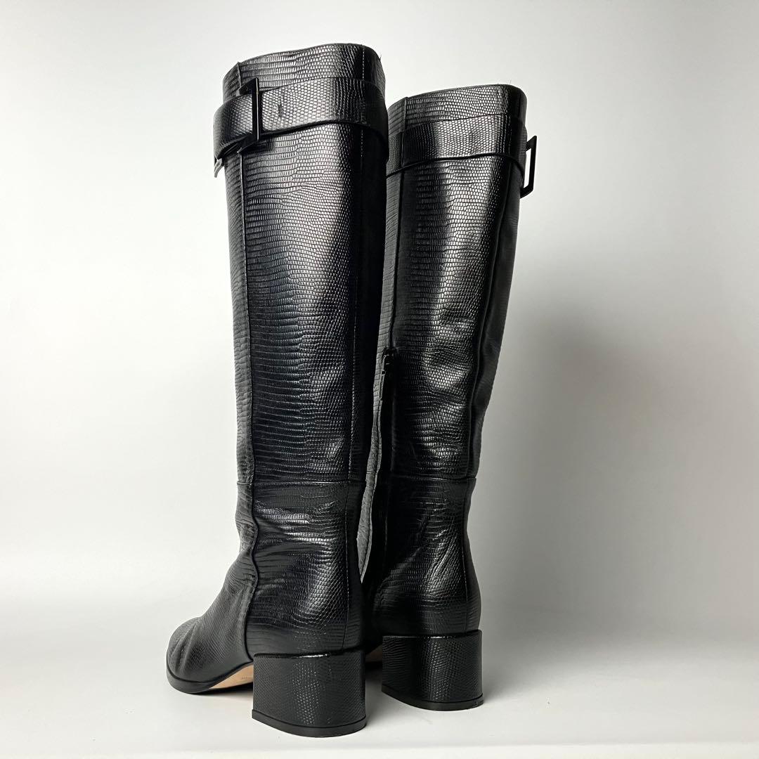 美品】セルジオロッシ リザードロングブーツ ブラックバックル 黒22.5