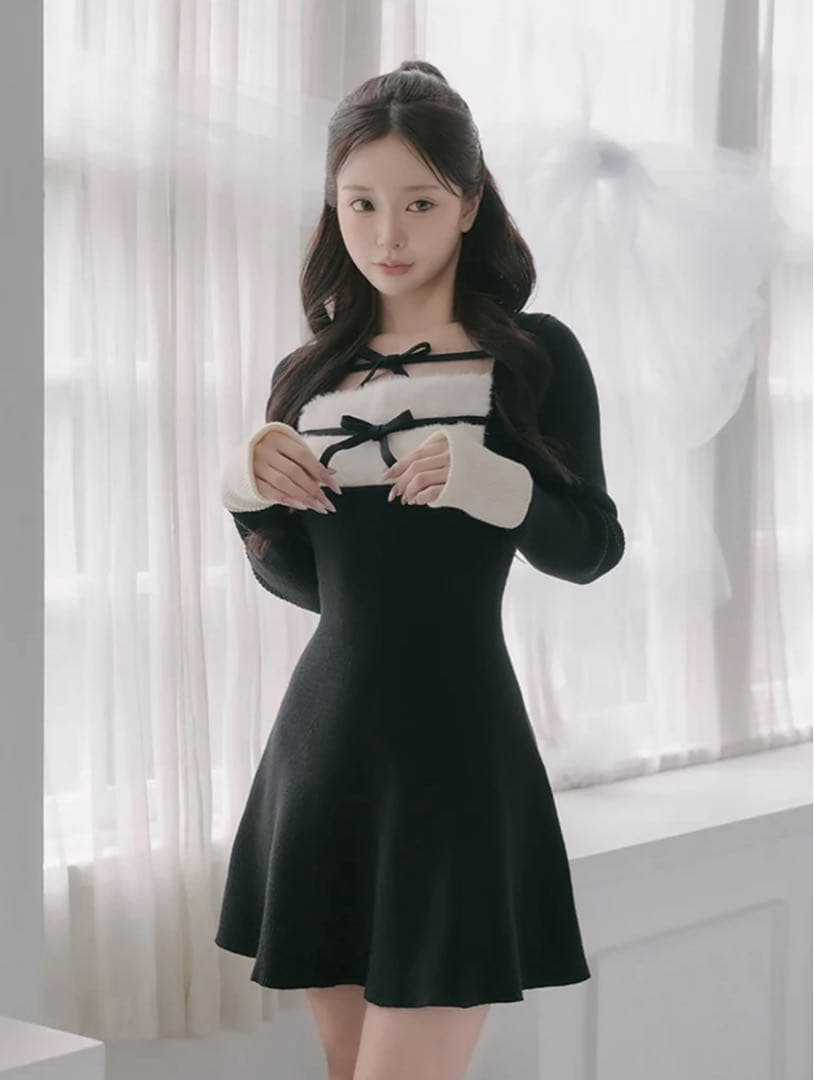 Darich リボンファーフレアニットミニワンピース BLK ダーリッチ Darich リボンファーフレアニットミニワンピース