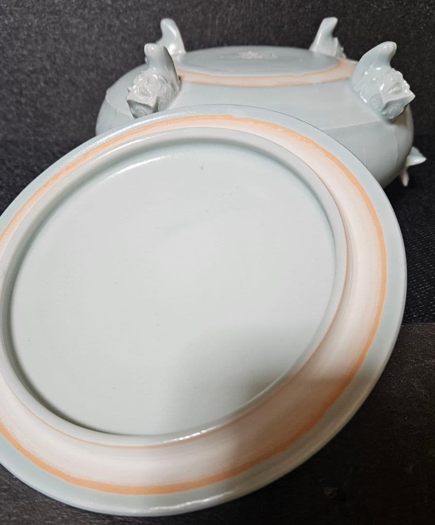 京焼 清水焼 名工 吉川充 造 青白磁 有蓋獣足鉢 香器香炉 お櫃 高島屋