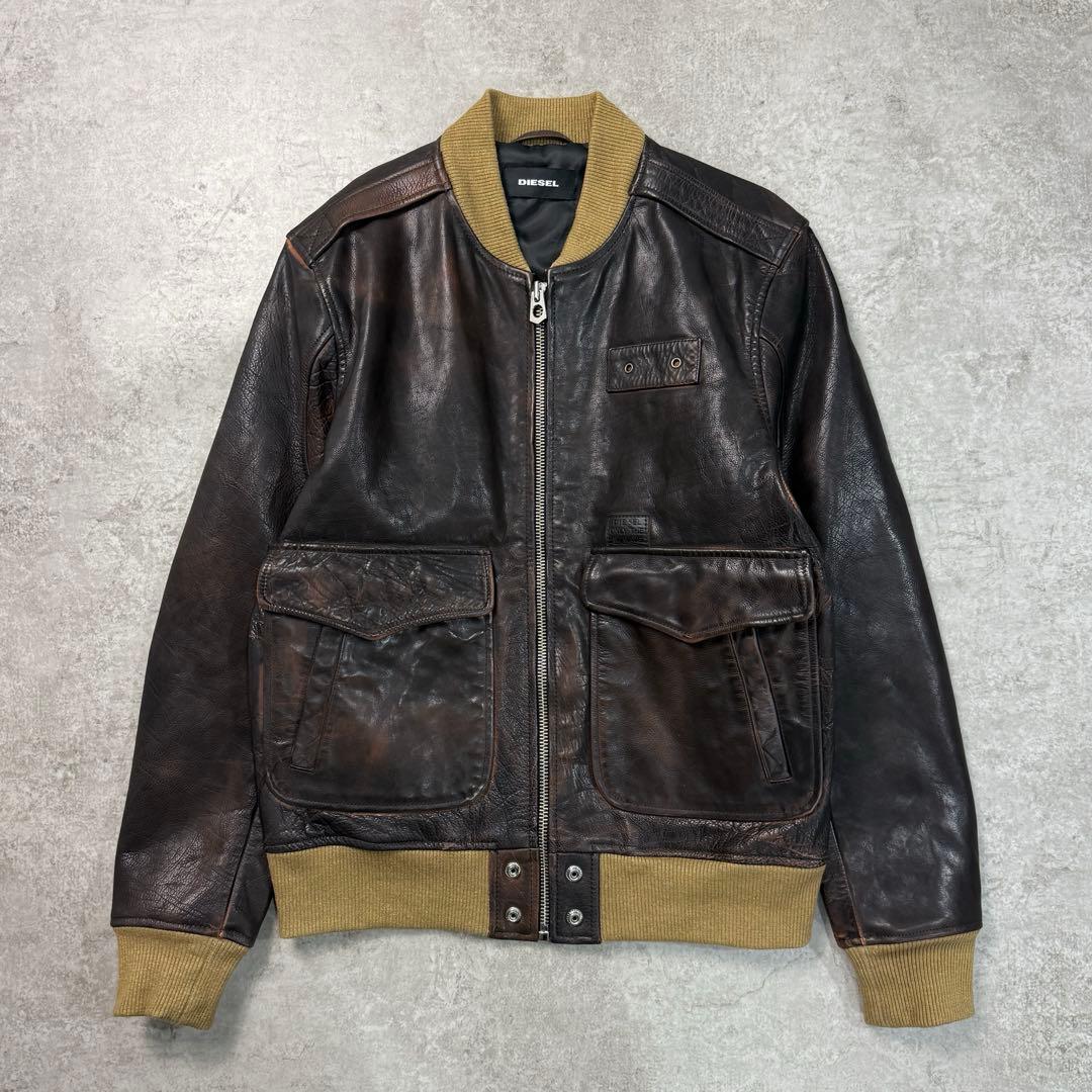 希少□DIESEL ディーゼル【L】レザージャケット ミリタリー