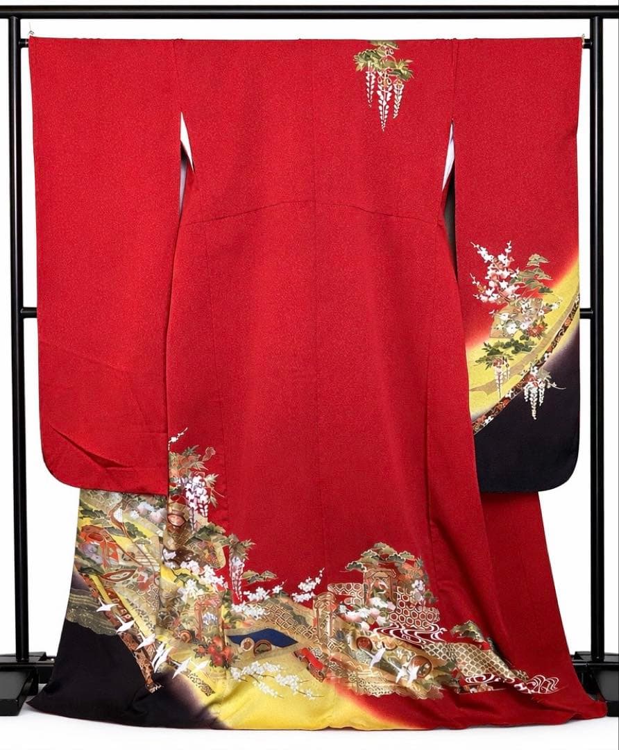 振袖赤地 藤花 風景 古典柄 金彩 晴れ着ガード 粋古典 紺/赤/ゴールド(金色) 牡丹柄/大柄 金彩刺繍京友禅 かっこいい