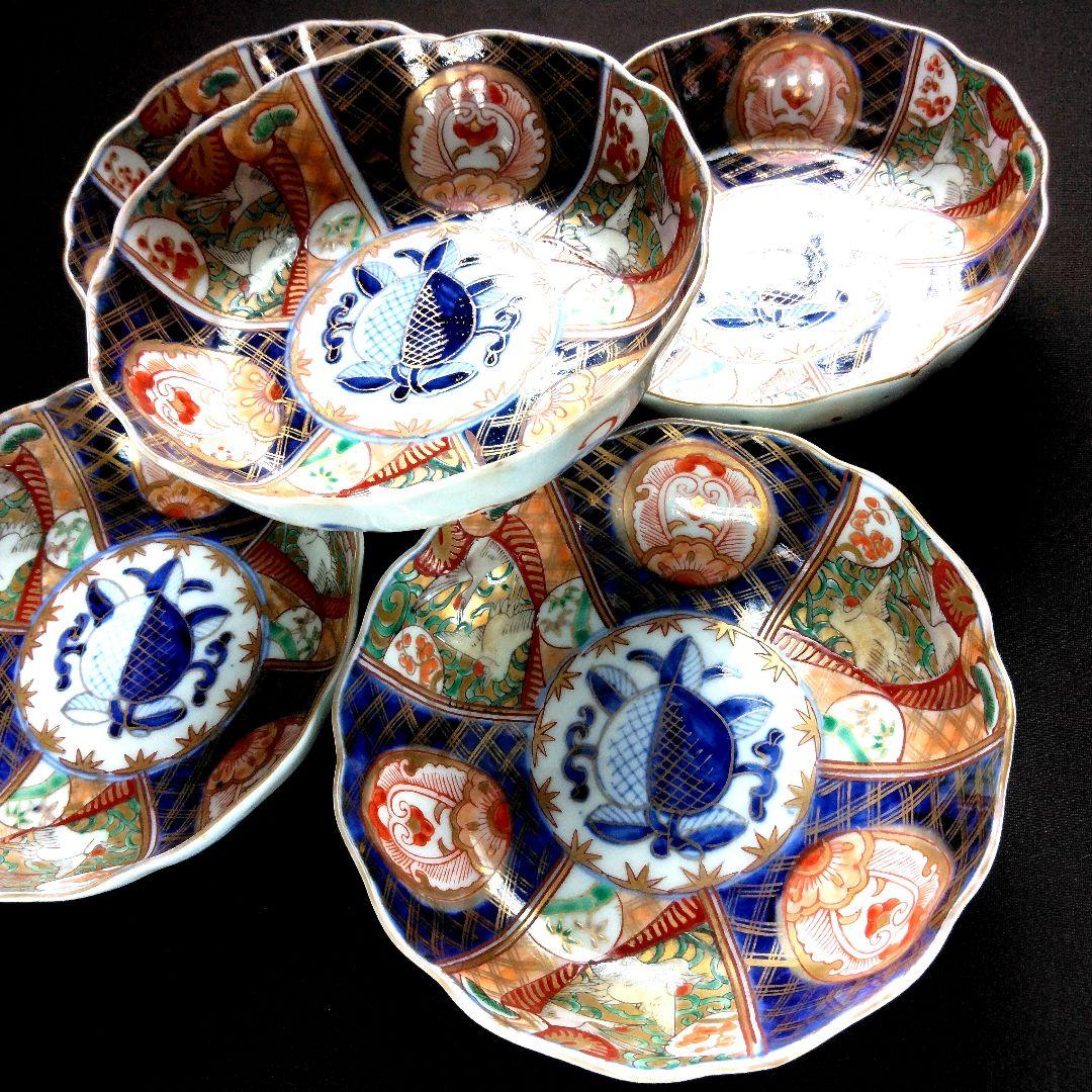 明治～大正 古伊万里 絢爛豪華 金襴手 二重角冨紋 膾皿 5客揃 角富 な