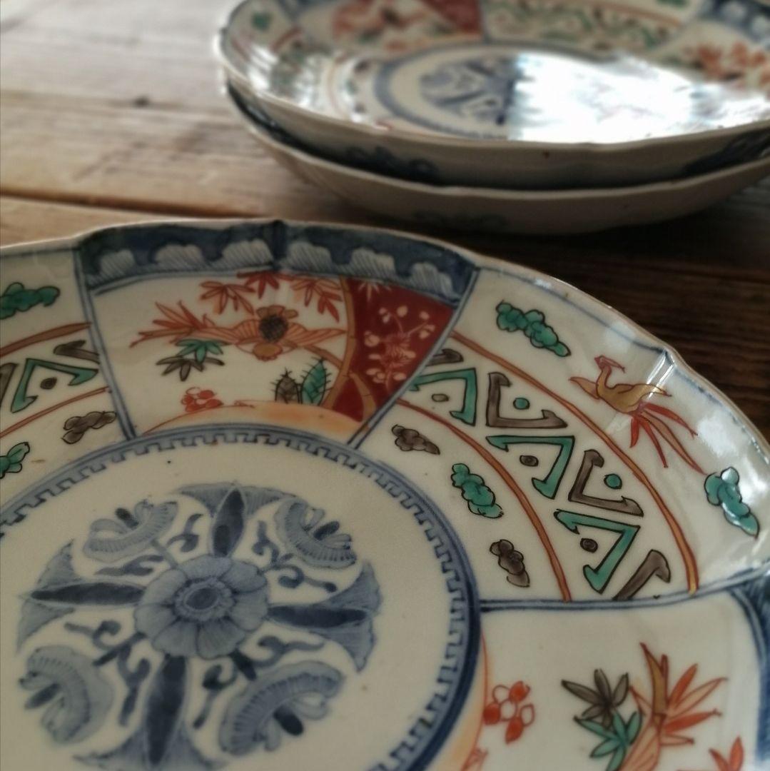 古伊万里 色絵 ふくら雀と鳳凰 輪花縁 七寸皿 3客 - メルカリ
