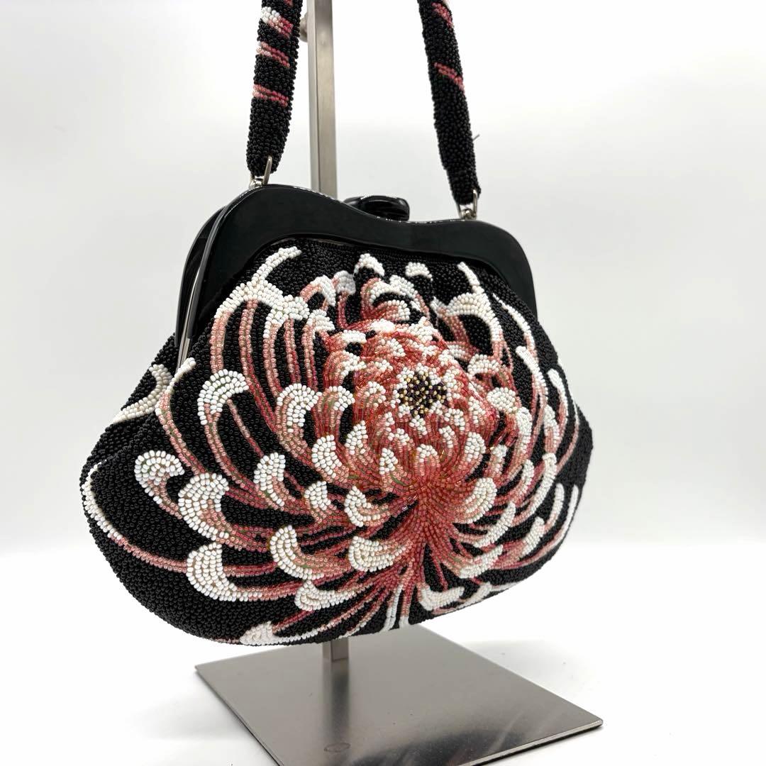 1570 総ビーズ ハンドバッグ 乱菊 黒地 昭和レトロ 和装小物 成人式 1570 総ビーズ ハンドバッグ 乱菊 黒地 昭和レトロ 和装小物 成人式