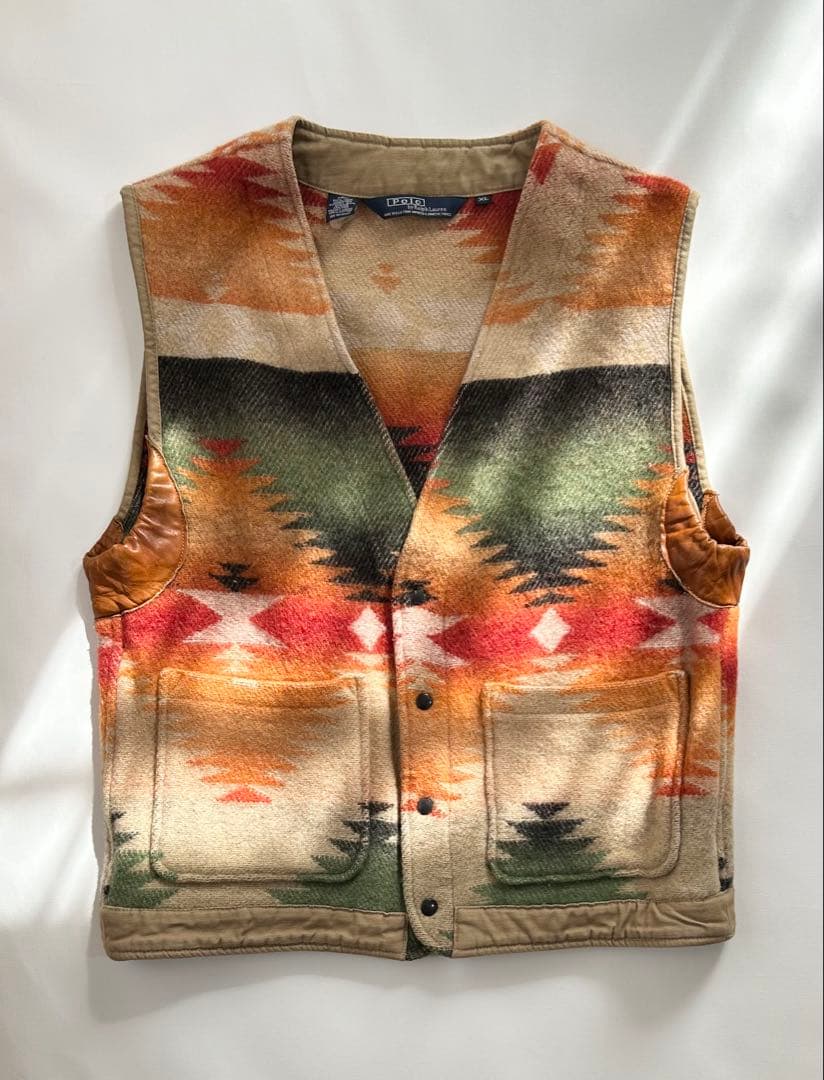 XL usa製 polo by ralph laurenネイティブ柄ウールベスト 80s ラルフローレン ネイティブ柄 ショールカラー ウール ハンドニット