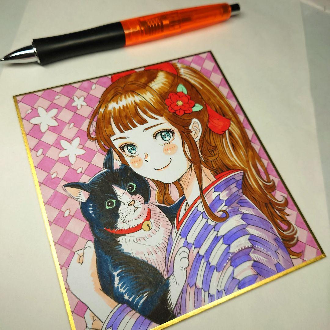 手描きイラスト 047】オリジナル色紙 「大正浪漫女学生とハチワレ猫と