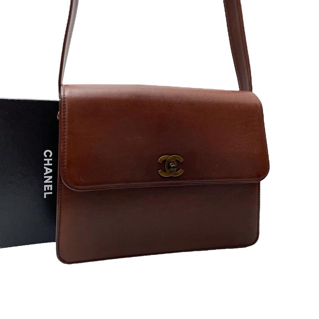 シャネル レザー ショルダー ハンド バッグ ココマーク ブラウン 茶色