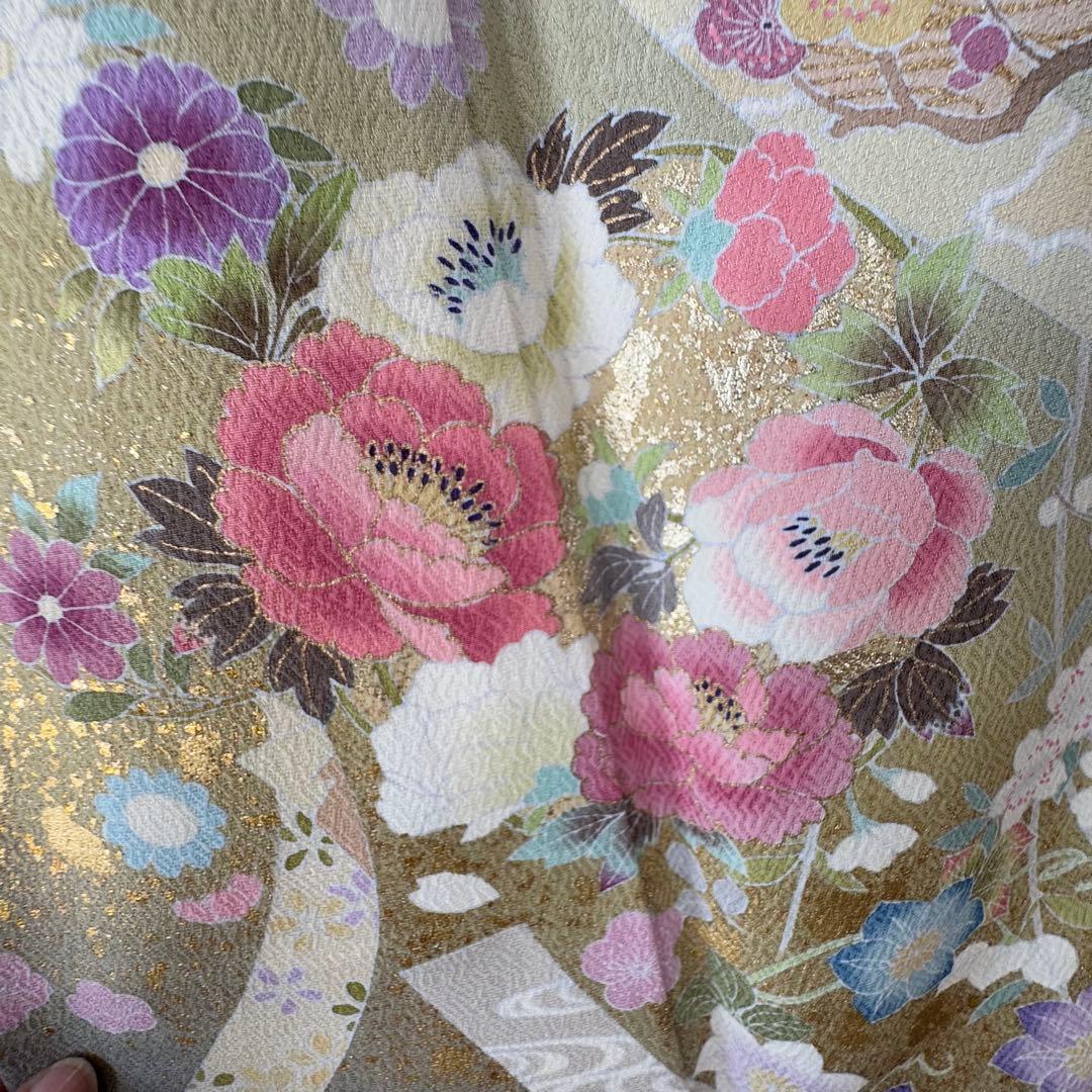 超美品 正絹 袷 現代 正統派 訪問着 着物 163 黄緑 鶯色 手書き 上品