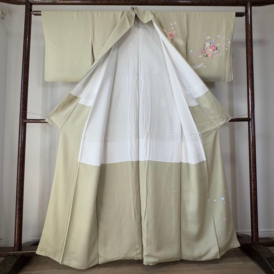 超美品 正絹 袷 現代 正統派 訪問着 着物 163 黄緑 鶯色 手書き 上品