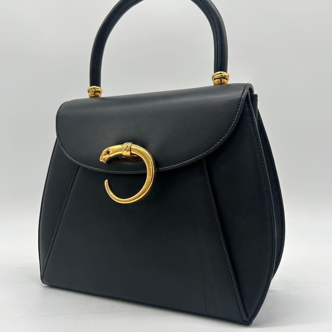 【美品】カルティエ パンテール ハンドバッグ ゴールド金具 フラップ レザー 黒 カルティエパンテール バッグ ブラック ゴールド金具 レディース