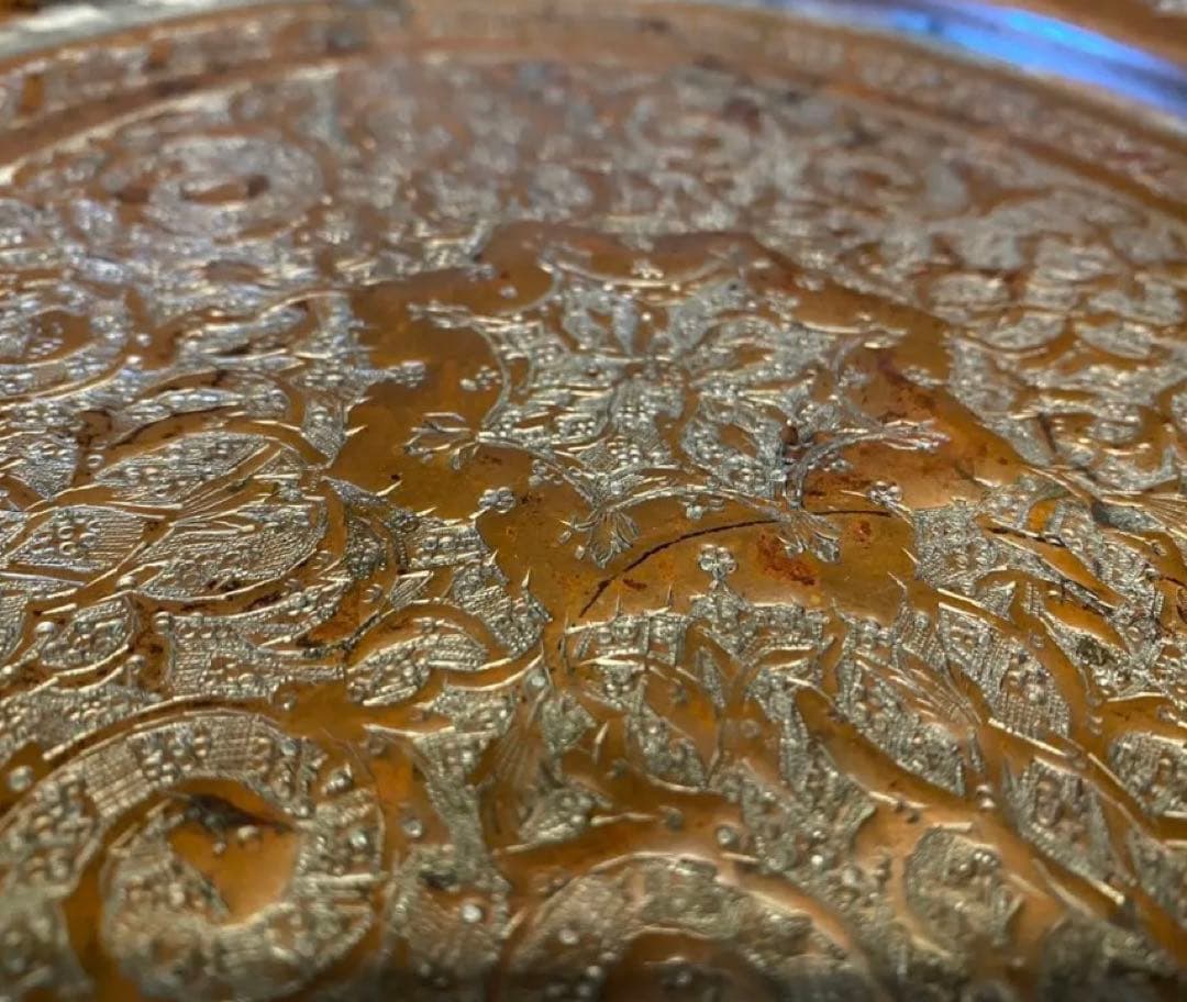 アンティーク カジャール朝 銅彫金装飾39cmプレート・鑑賞スタンド付4