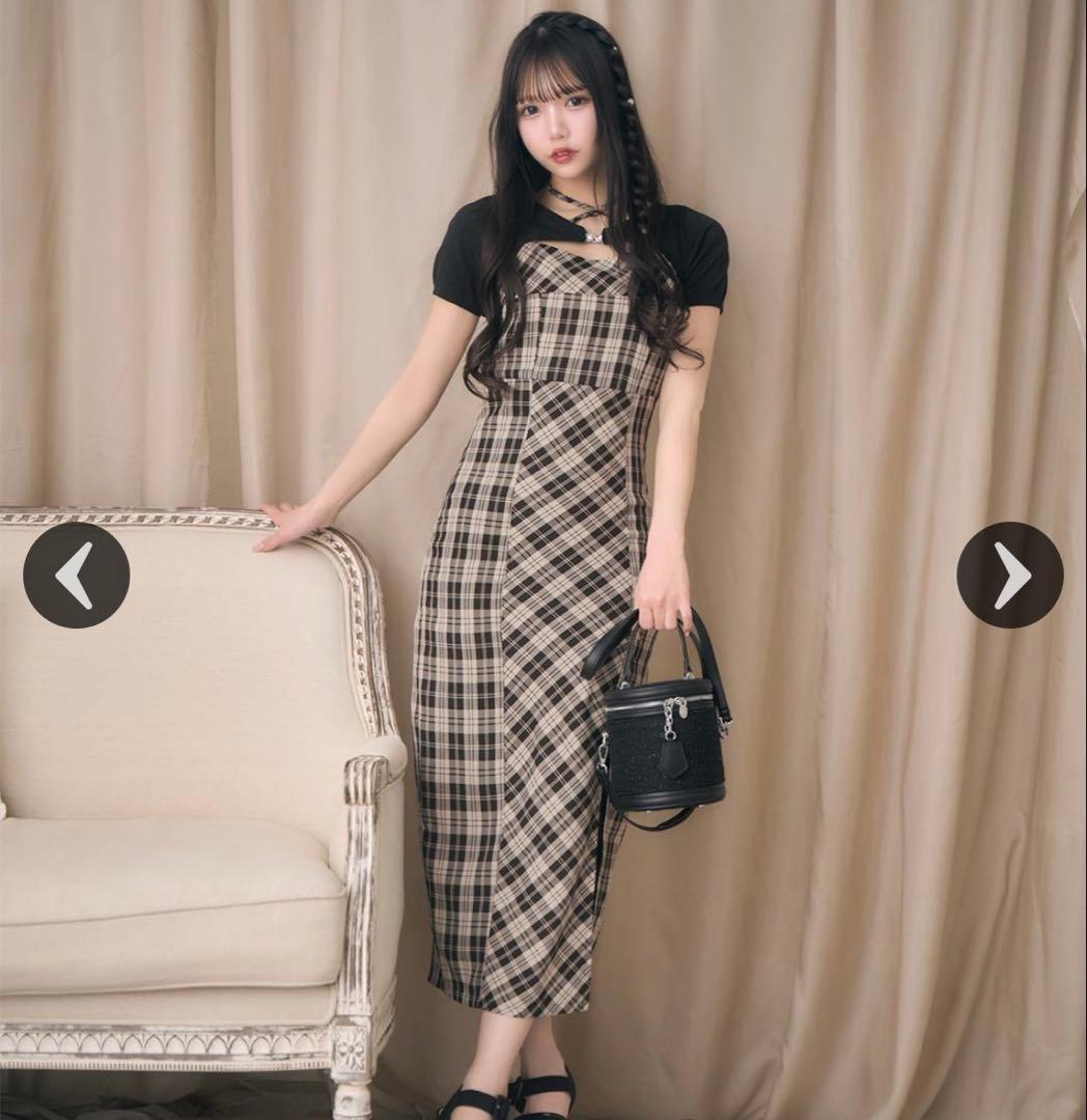 アンサンブルチェックワンピース ミシェルマカロン ブラウン×ベージュ