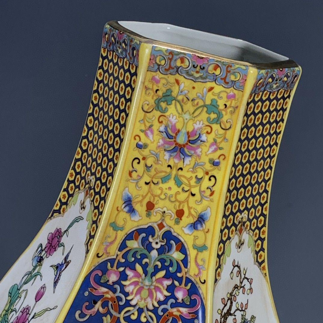 清代雍正彩蒔花鳥多稜花瓶 景徳鎮 陶磁器 装飾品 現代