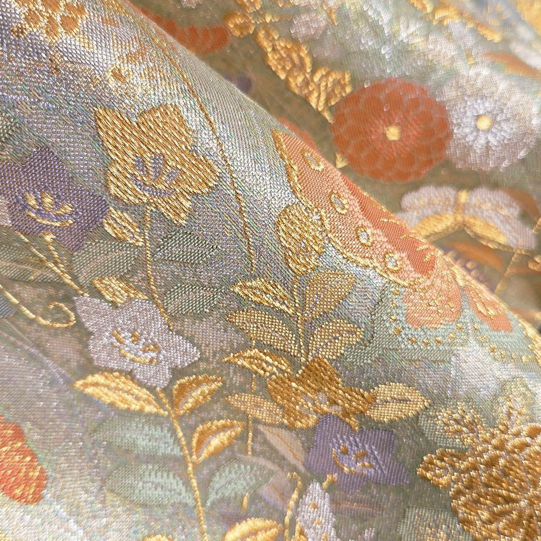 着物と帯京月花 m3844□金と銀の地に蝶に花模様西陣正絹袋帯/六通