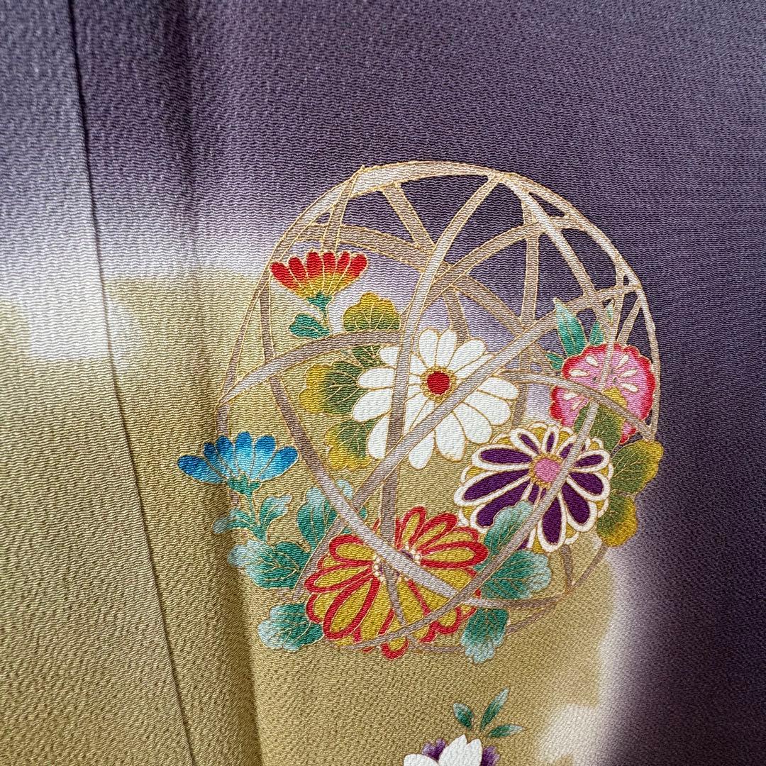 超美品 正絹 袷 訪問着 着物 168 裄70 ちりめん 金彩 紫 藤色 トール