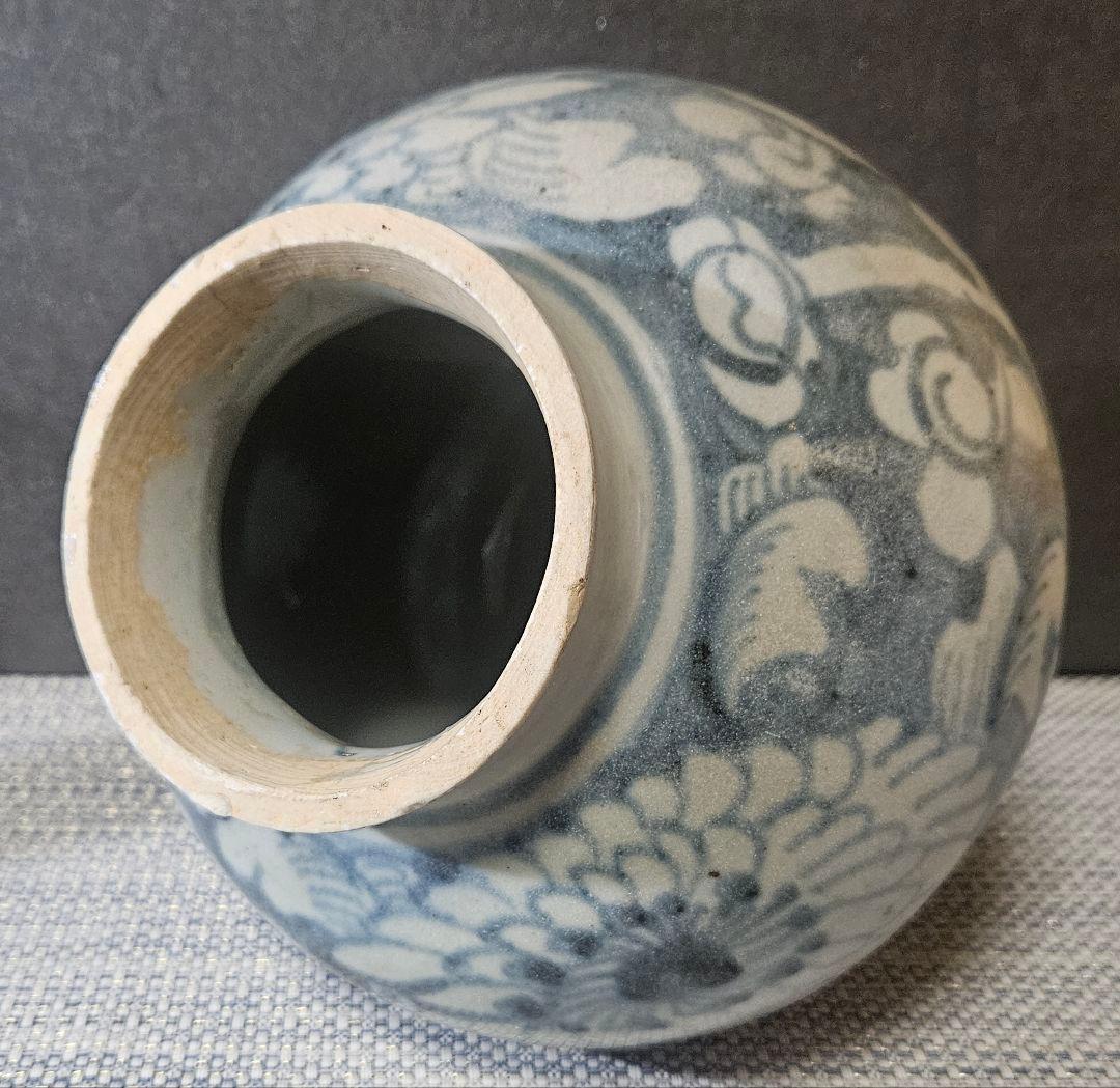 明朝 明代 中国古陶磁 中国南方系 青華 古染付 花の図 胴継ぎ 壺 花