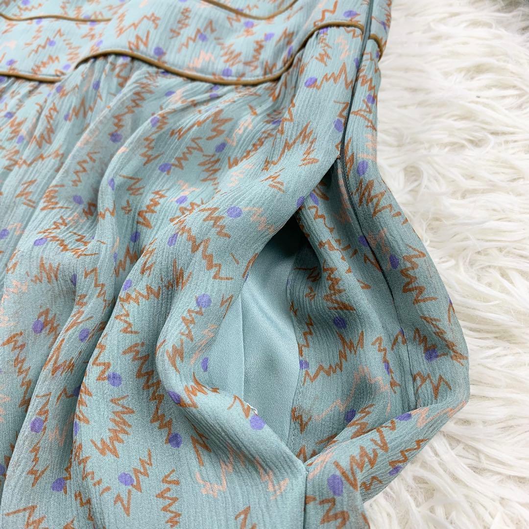 新品 COACH コーチ シルク100% シフォンワンピース 総柄 グリーン系