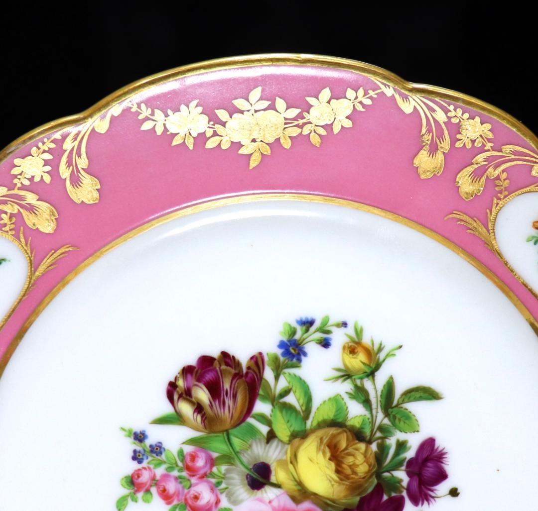 オールド・セーブル 美術館級1786年製淡紅地色絵金彩花文皿