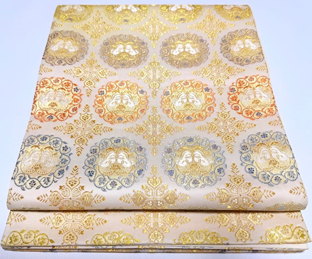 未使用品 高級 袋帯 正絹 六通柄 篠屋宗兵衛 総唐織 クリーム 訪問着