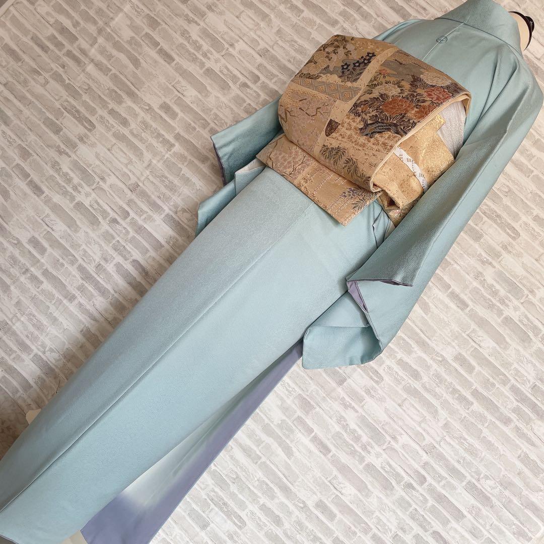 色無地 フルセット 唐草地紋 水色 シンプル 礼装 カジュアル 着物 I9