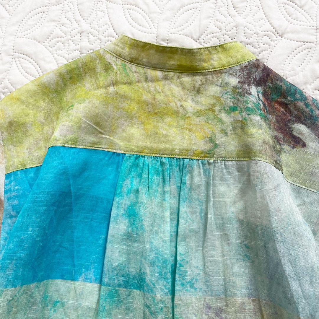 現行 レリアン ブラウス 11号 シアー素材 バンドカラー パッチワーク風