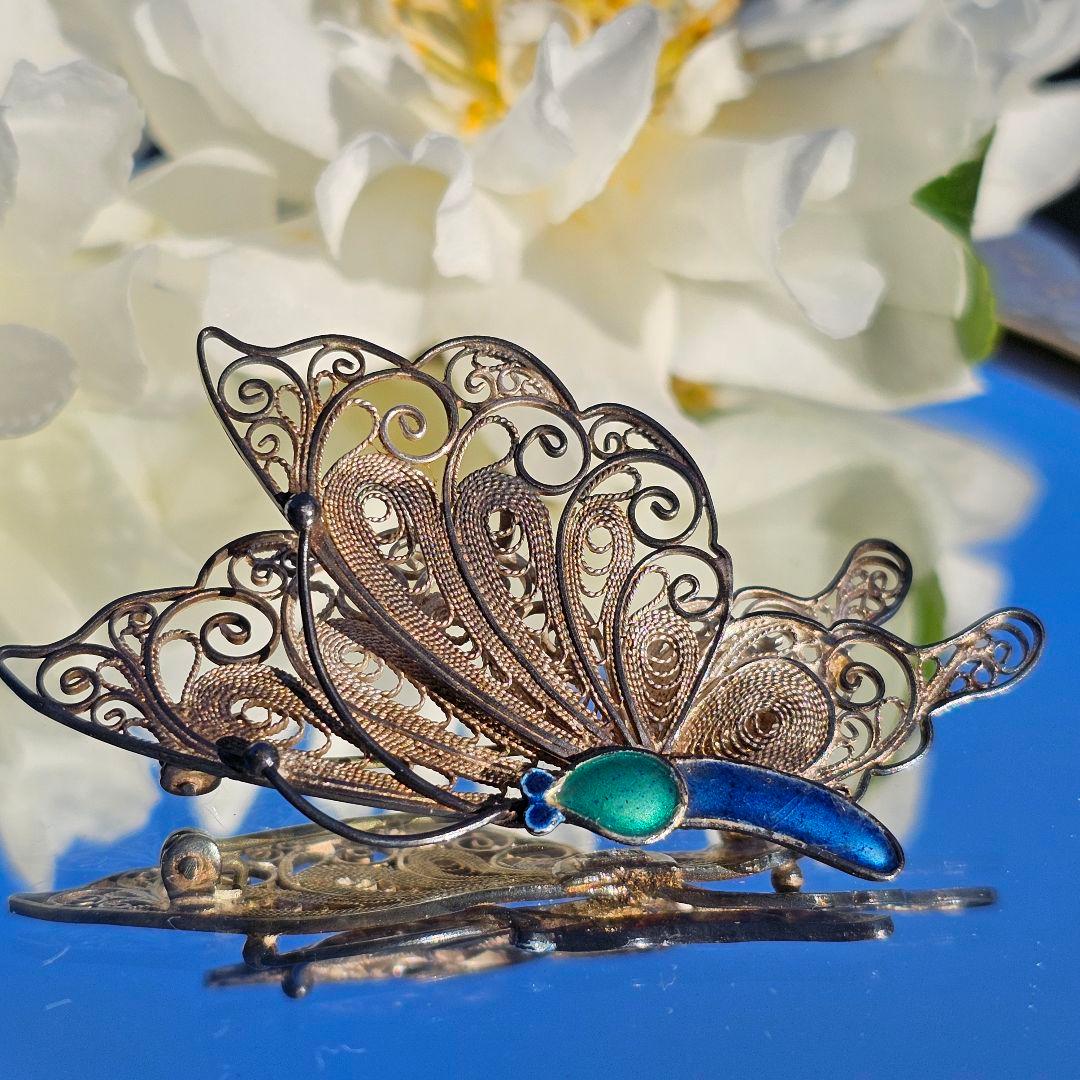 267 蝶々 銀線細工 ヴィンテージブローチ 中国七宝 フィリグリー