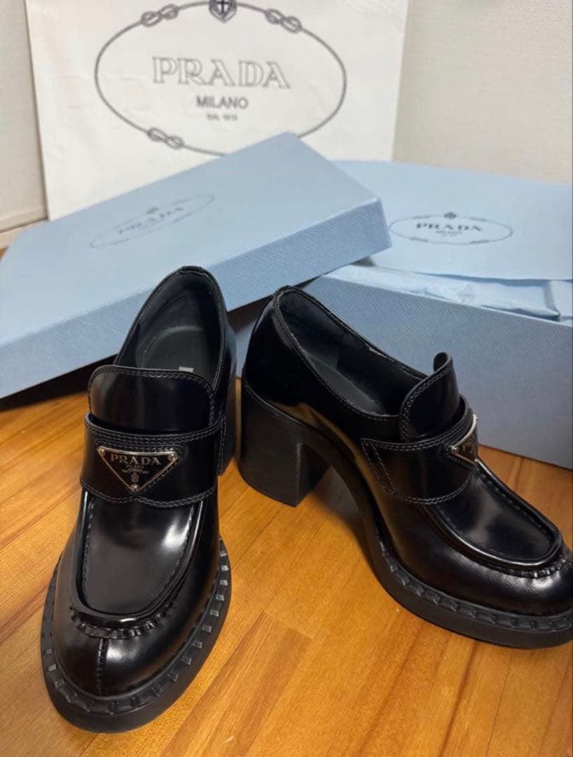 PRADA チョコレート ブラッシュドレザー ハイヒールローファー　35.5 プラダ（ PRADA）Chocolate ブラッシュドレザー ハイヒール ローファー