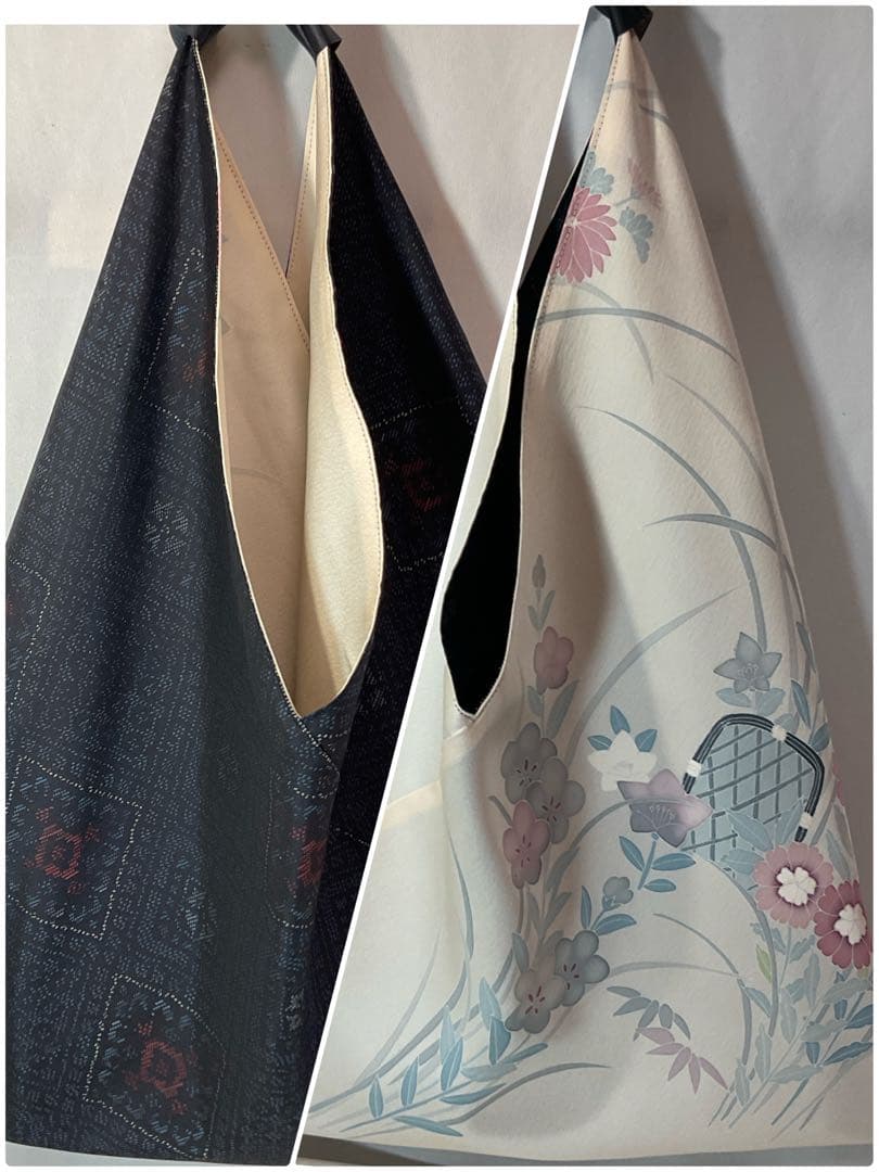 大島紬×新品正絹ちりめん振り袖三角バッグリバーシブルあずま袋