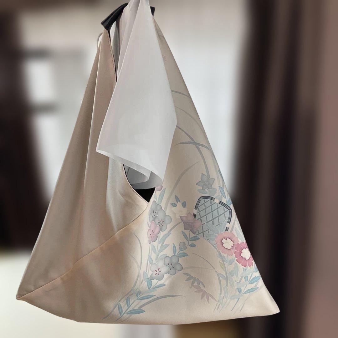 大島紬×新品正絹ちりめん振り袖三角バッグリバーシブルあずま袋