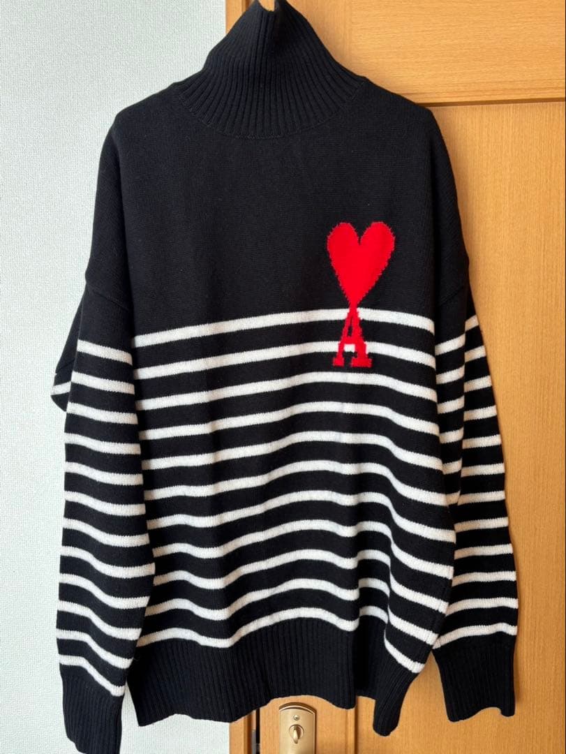人気デザイン 美品 アミ ハートロゴ入り タートルネック ニット ボーダー AMI Alexandre Mattiussi ami paris アミパリス セーター UKS402.018