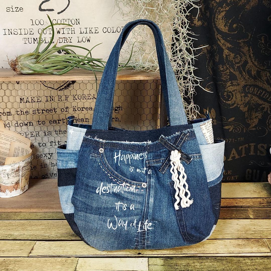 刺繍デニムバック No.641 デニムリメイク 刺繍バック チューリップバック