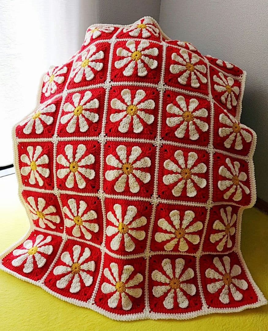 ブランケット　マルチカバー　グラニースクエア　かぎ針編み　レトロポップ ハンドメイド かぎ針編み グラニースクエア ブランケット ひざ掛け