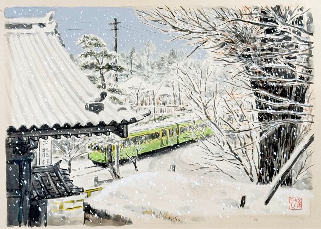 真作 田口雅巳『雪の竜口寺』水彩画 直筆 原画 共シール 落款完備 額装
