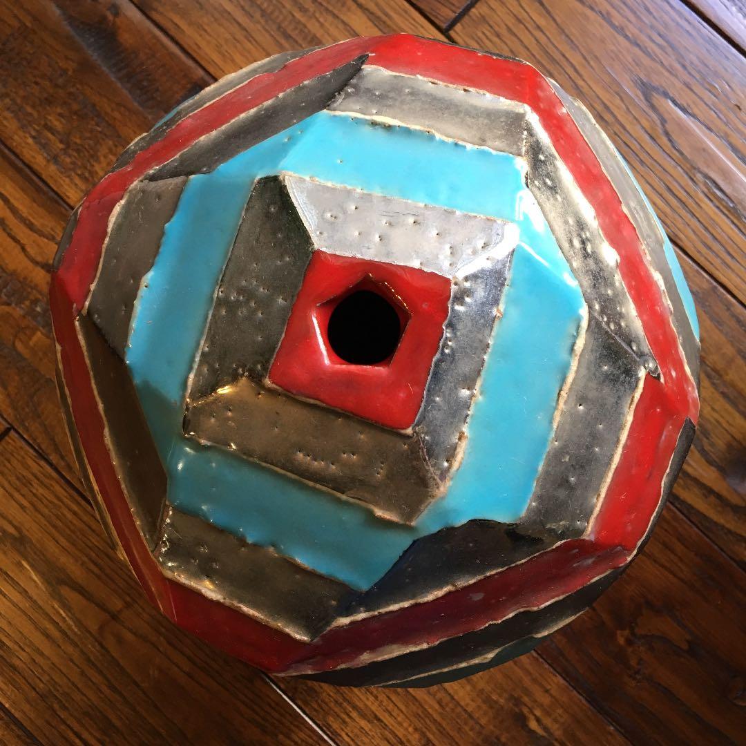 希少珍品！益子焼 瀬戸浩 赤青彩 銀條文壺 塩焼〆多面取壺 花器 飾壺