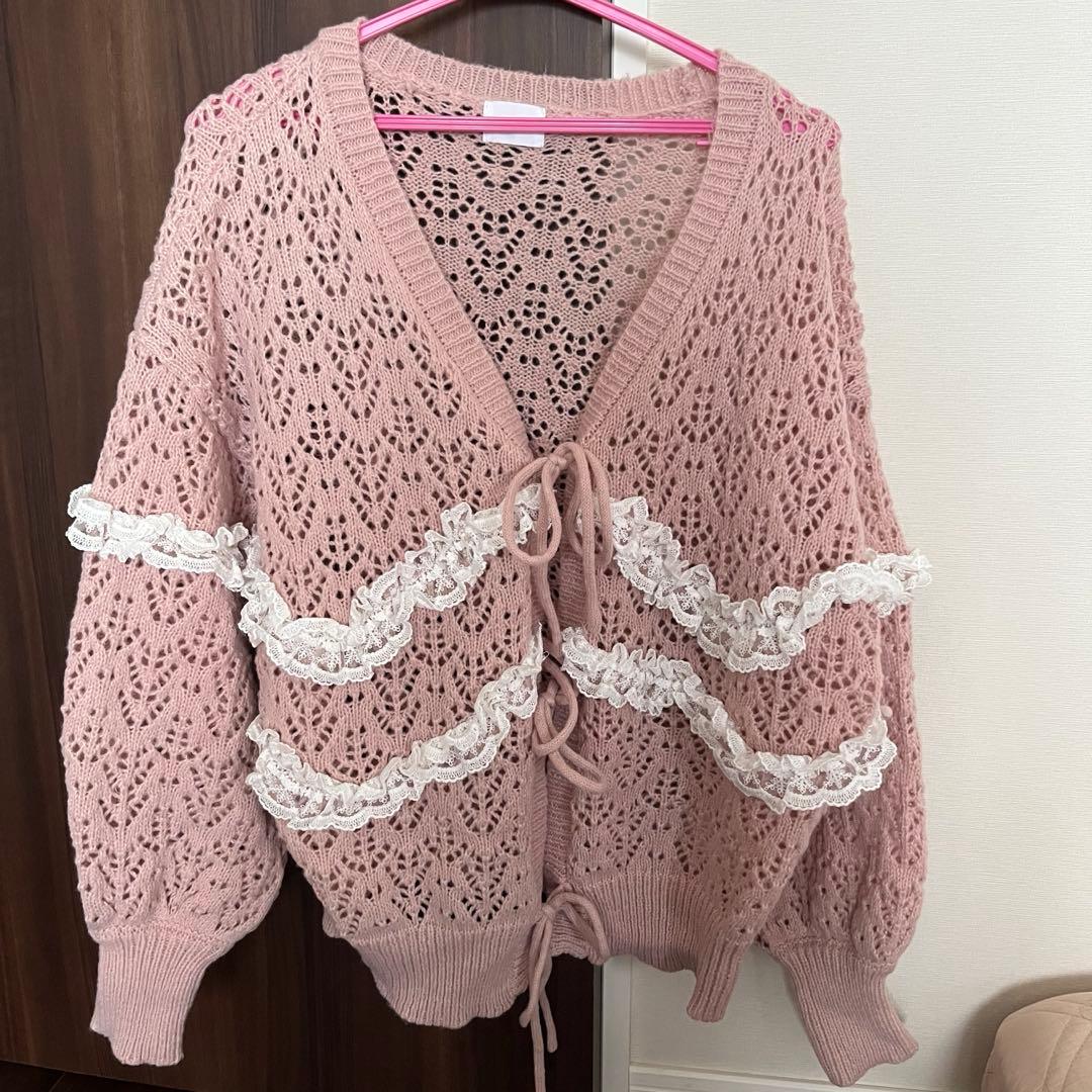 merry jenny 透かし編みフリルカーディガン ピンク - メルカリ