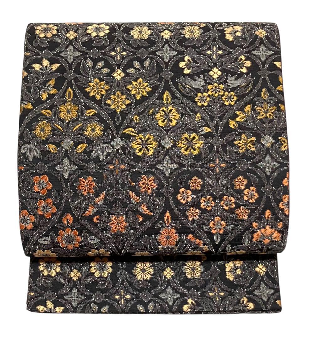 本草木柿渋染 伝統工芸士福本久人 袋帯 六通柄 正絹 花唐草 未使用 イ6371