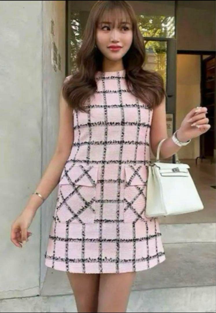 sheller フロントポケットミニドレス ピンク シェリエ ツイード