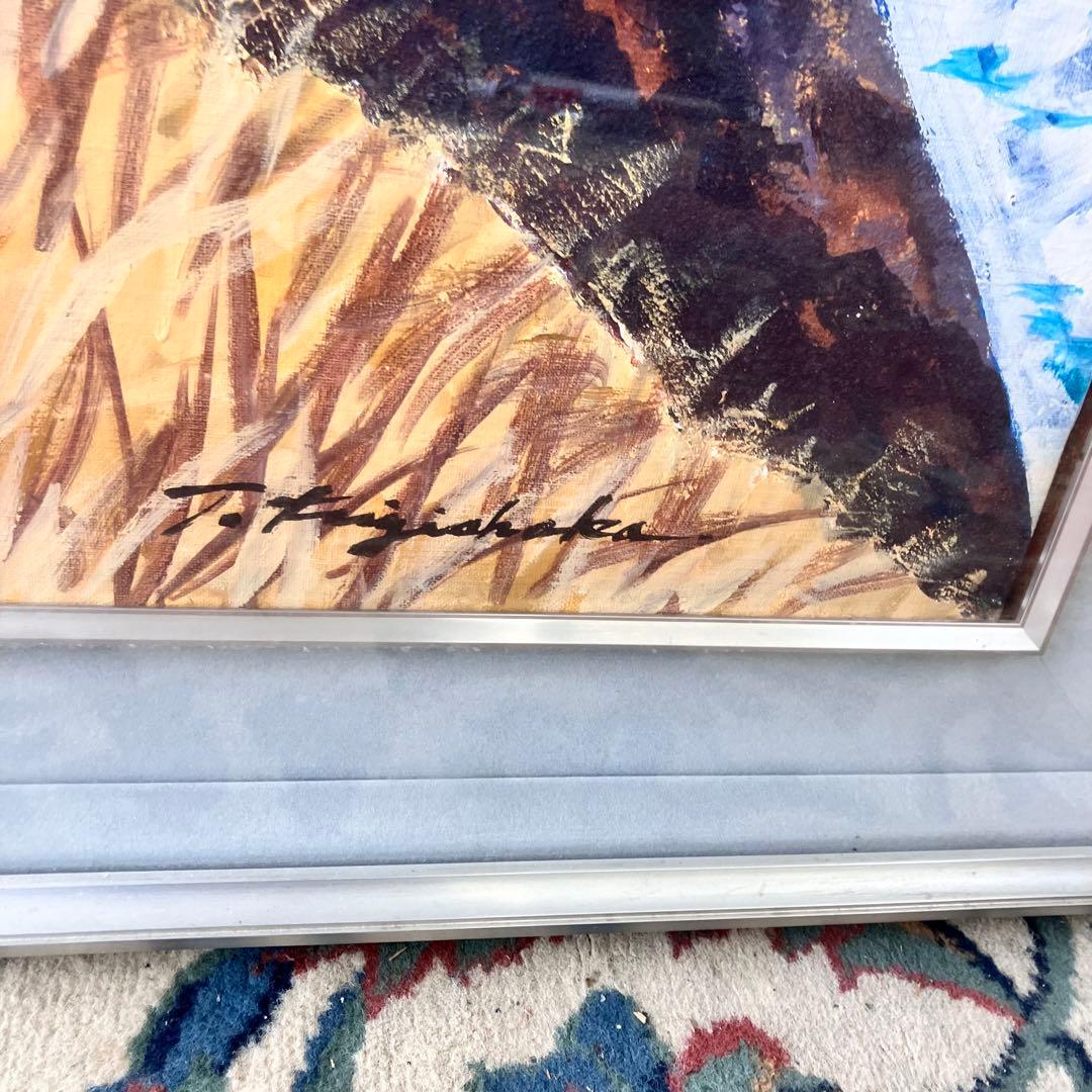 昭和レトロ 大型額縁 肉筆 岸壁の松 海 風景画 油絵 油彩画 絵画