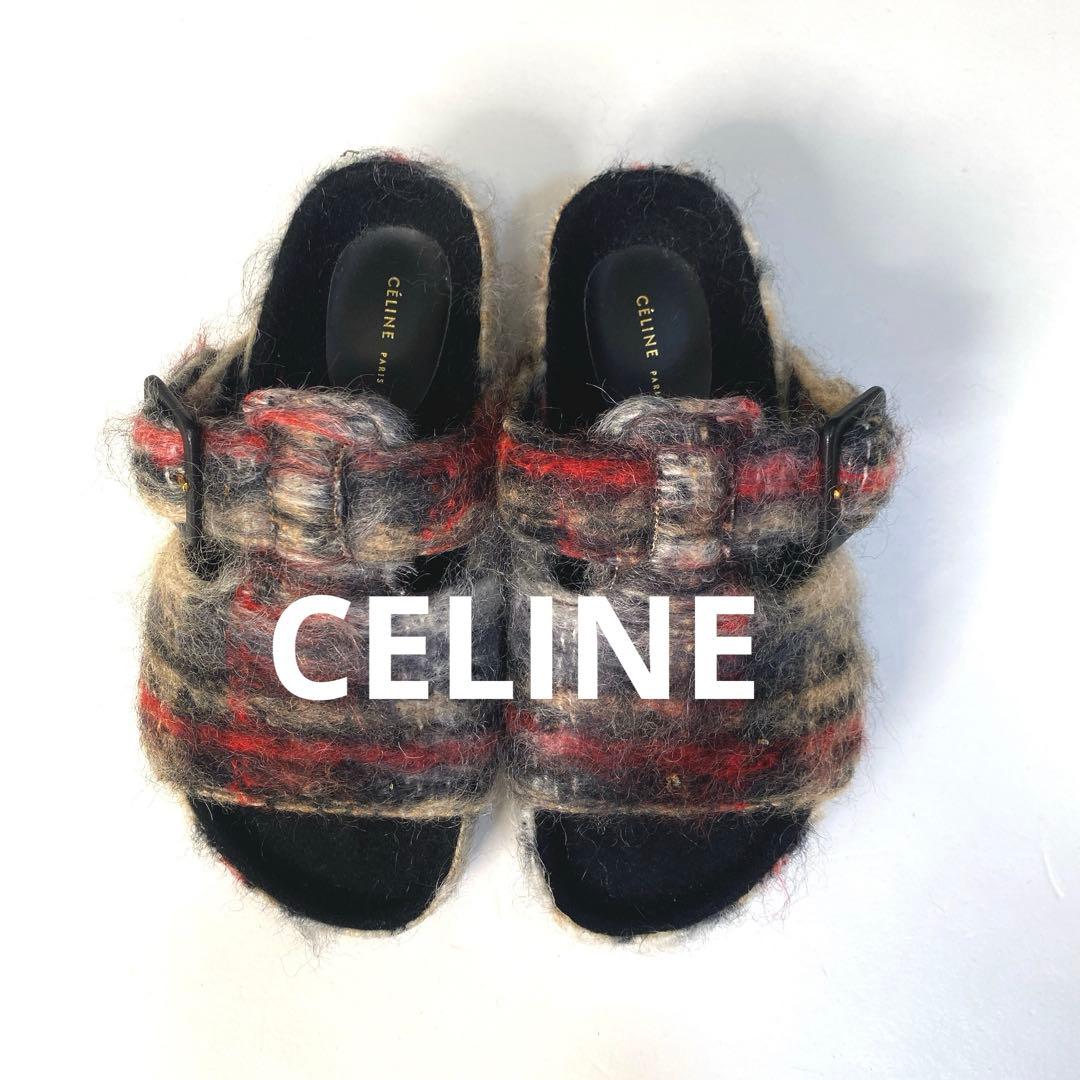 未使用セリーヌCELINE フィービー期チェック柄ファーサンダル 35