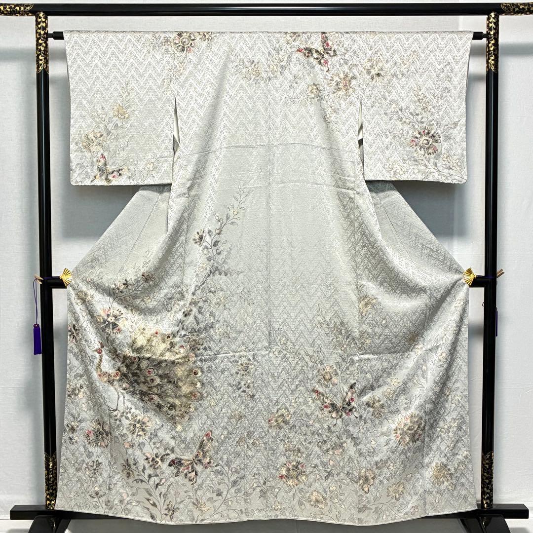 D120 訪問着 孔雀 蝶々 金彩 正絹 着物 袷 しつけ糸付き未使用極美品 仕立て上がり・中古美品） 正絹縫取り色留袖 ※訪問着仕立て、ひとつ紋