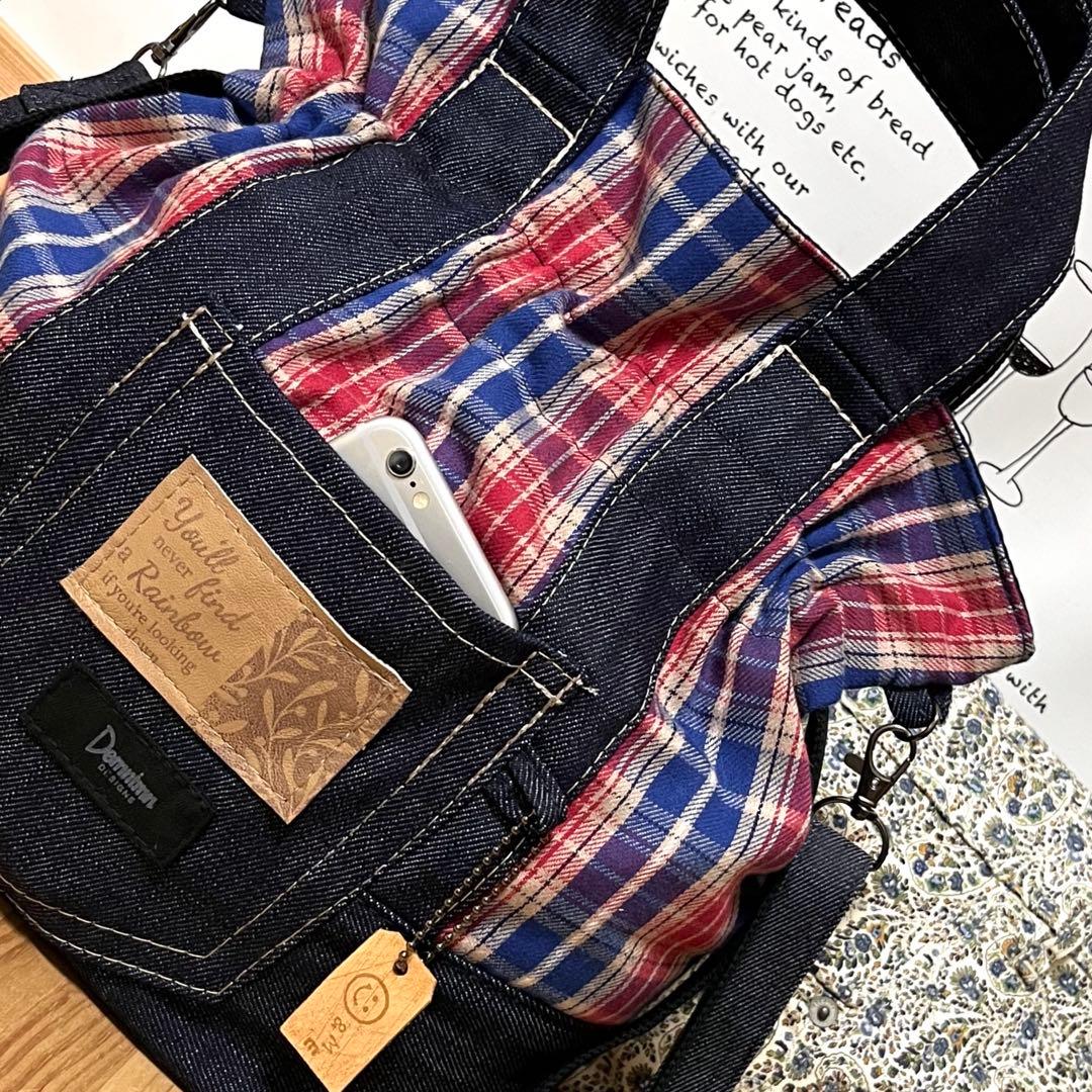 デニムリメイク タータンチェック 青赤 巾着 ショルダーバッグ
