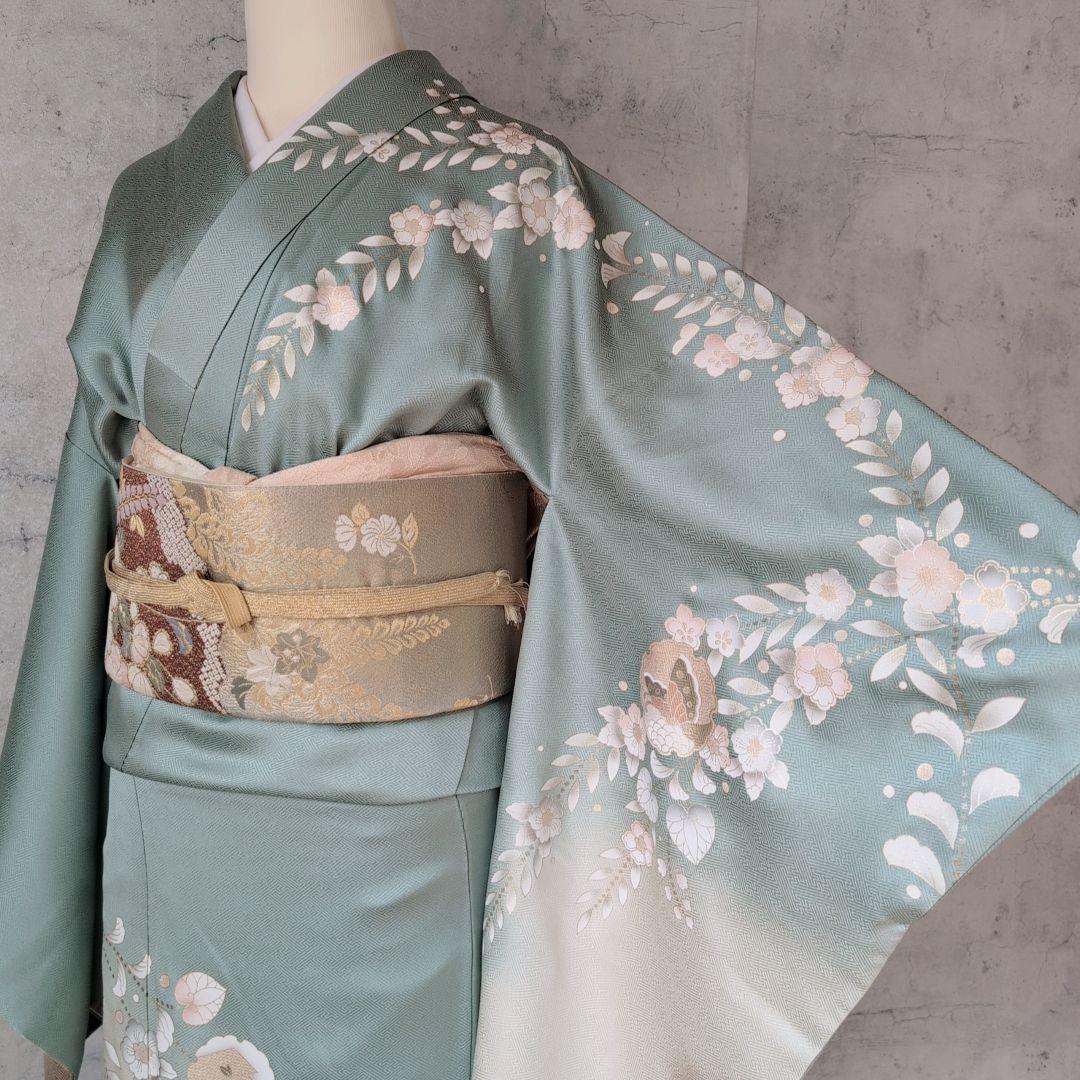 訪問着 フルセット 着物 正絹 花 蝶 金彩加工 緑茶 おしゃれトール