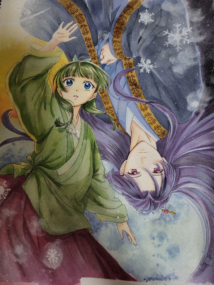 ファンタジー水彩画 額付き 薬屋ひとりごと　手描きイラスト　草木染め 完売】薬屋のひとりごと 猫猫 ファンアート 正直に 手描き イラスト の