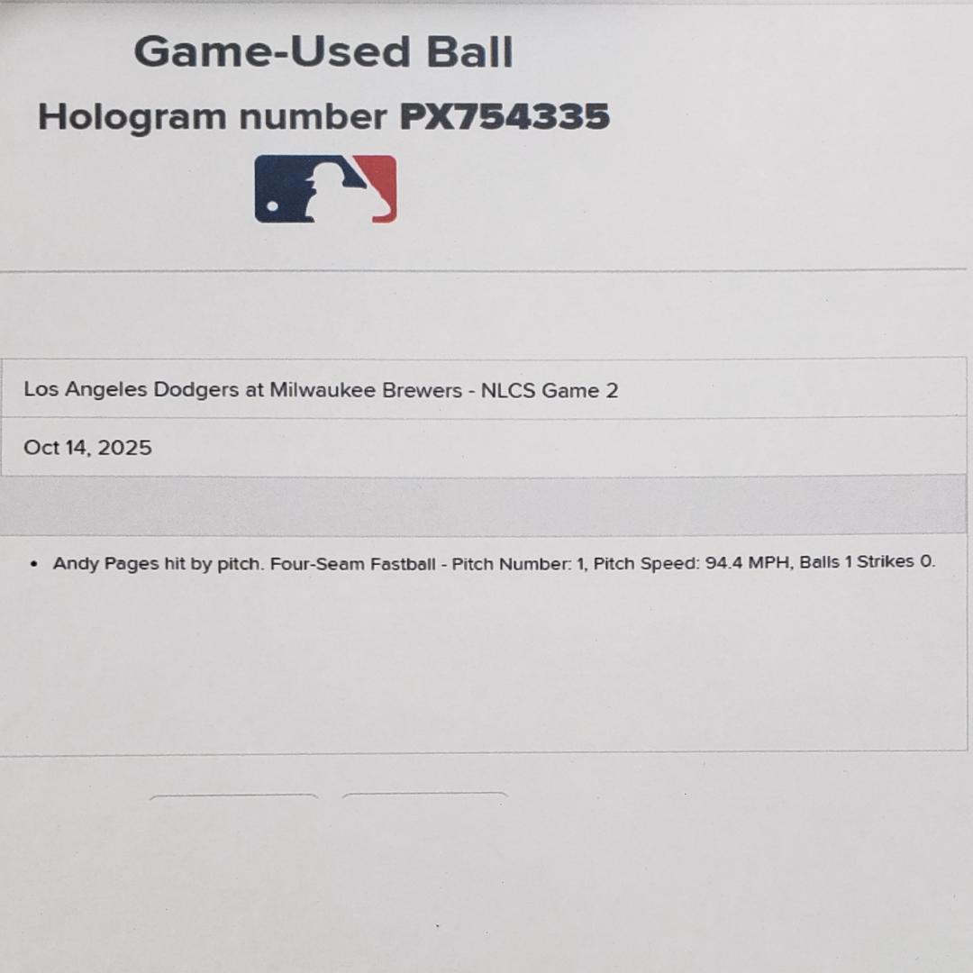 Andy Papes】◇『ドジャース パヘスがデッドボールとなった実使用球』◇