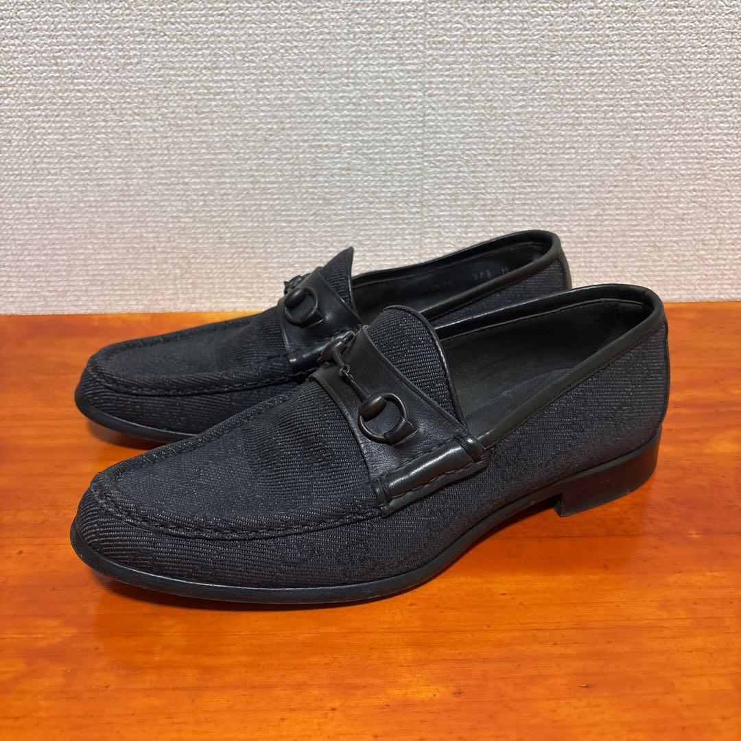 グッチ グレー ブラック 24cm 37.5 ビットローファー ホースビット付き メンズ スタッズ ローファー ・ブラック レザー