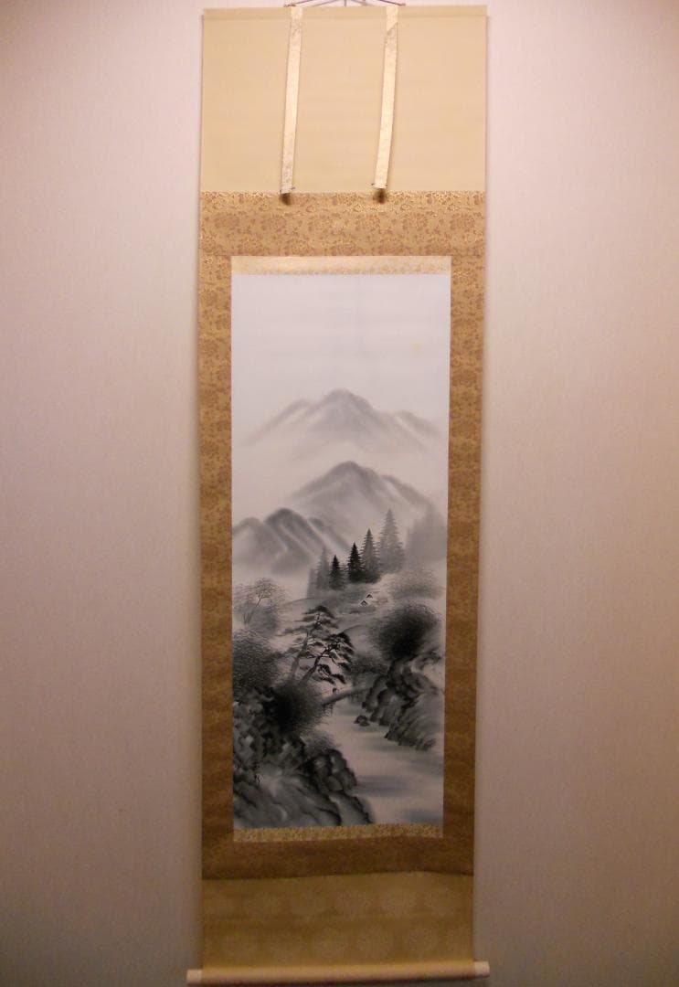 掛け軸 朝湖 渓畔晩涼 水墨画 絹本 希少 軸装 茶道具 掛軸 美品 です。