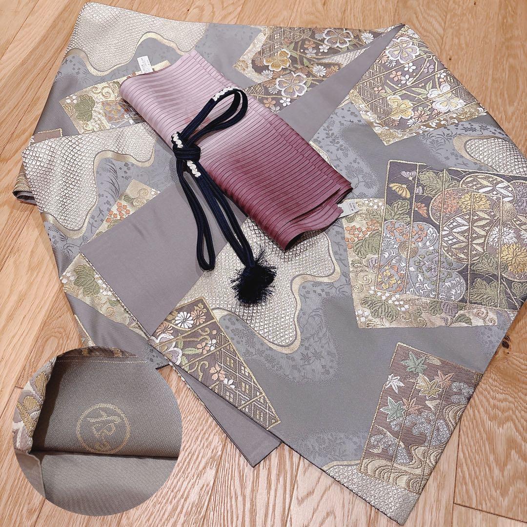 極美品 正絹 訪問着 フルセット 裄68 卒業式 入学式 結婚式 袋帯 青 緑